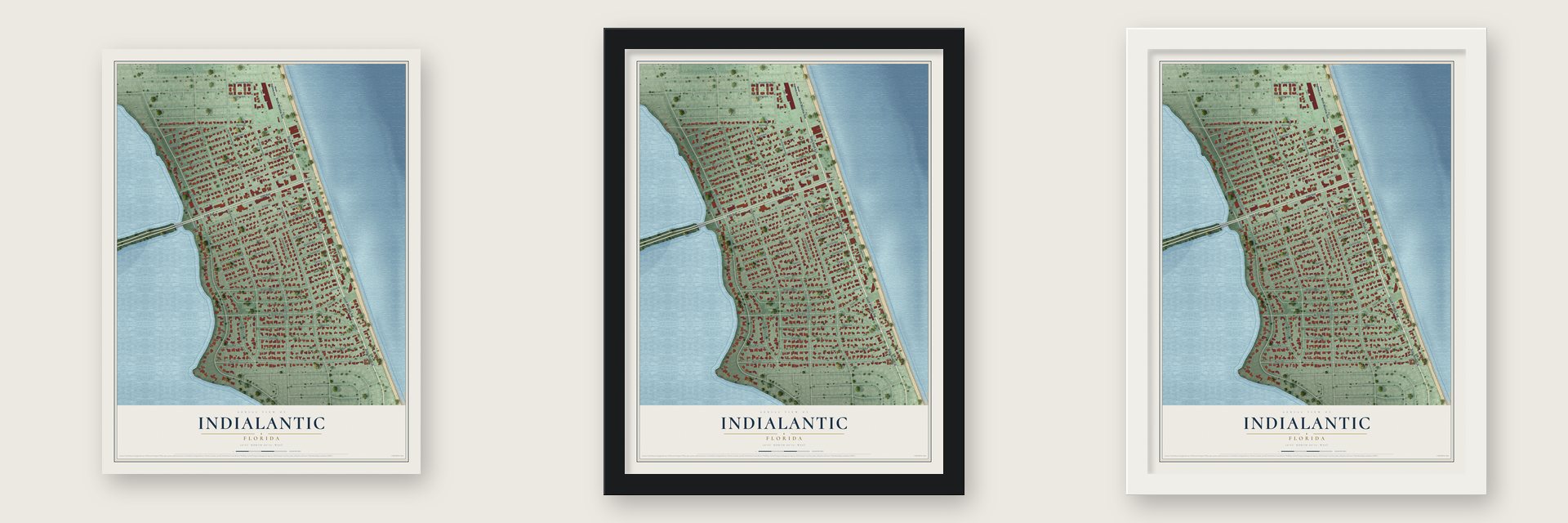 Indialantic, Florida map unframed, in a black wood frame and in a white wood frame