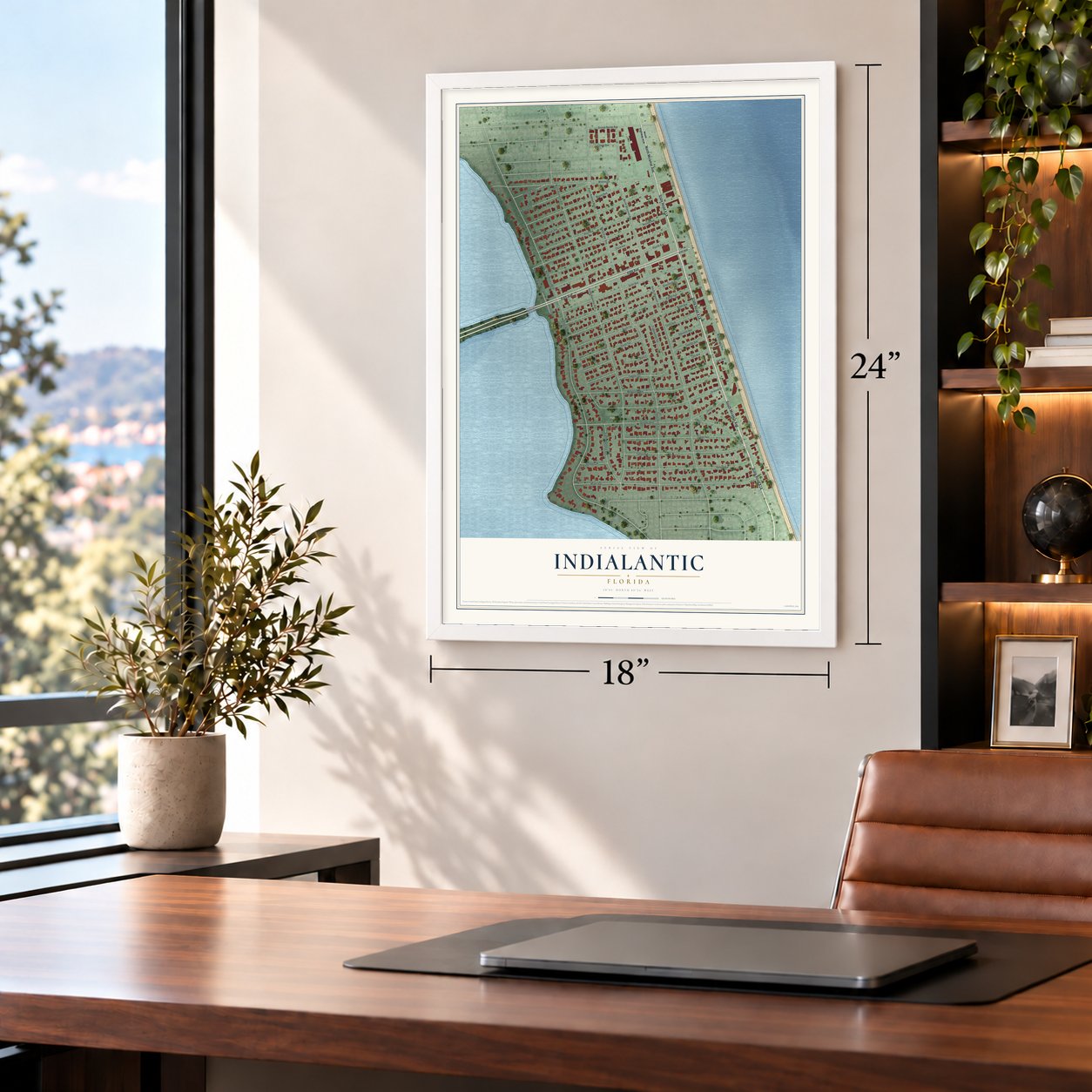 Indialantic, Florida map, 18 x 24 inch print in a white frame in a home office