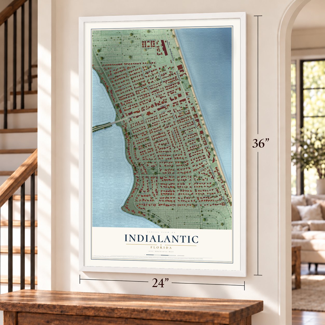 Indialantic, Florida map, 24 x 36 inch print in a white frame by a staircase