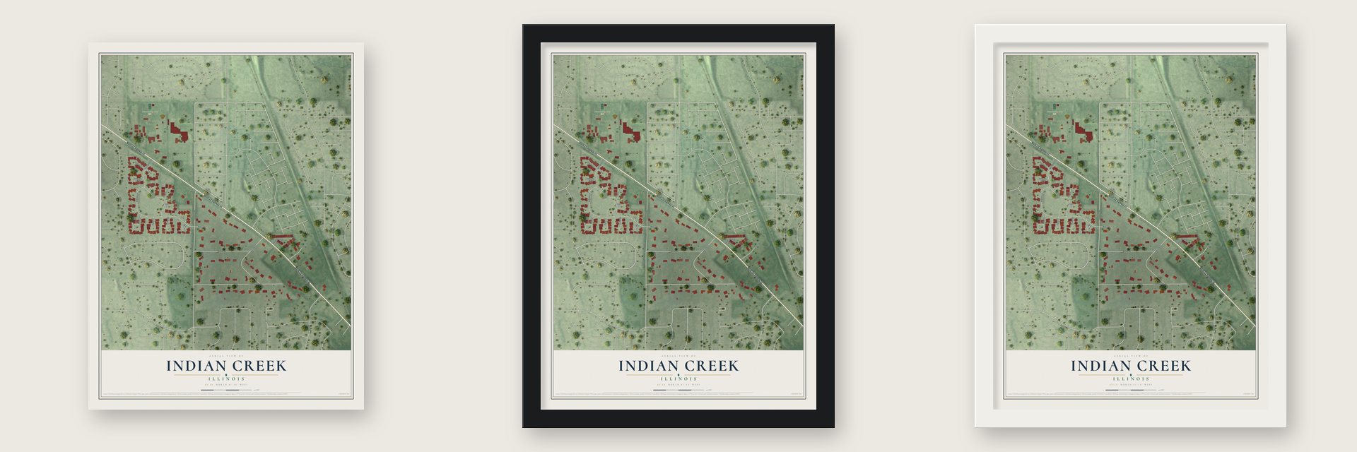 Indian Creek, Illinois map unframed, in a black wood frame and in a white wood frame