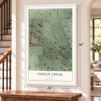 Indian Creek, Illinois map, 24 x 36 inch print in a white frame by a staircase
