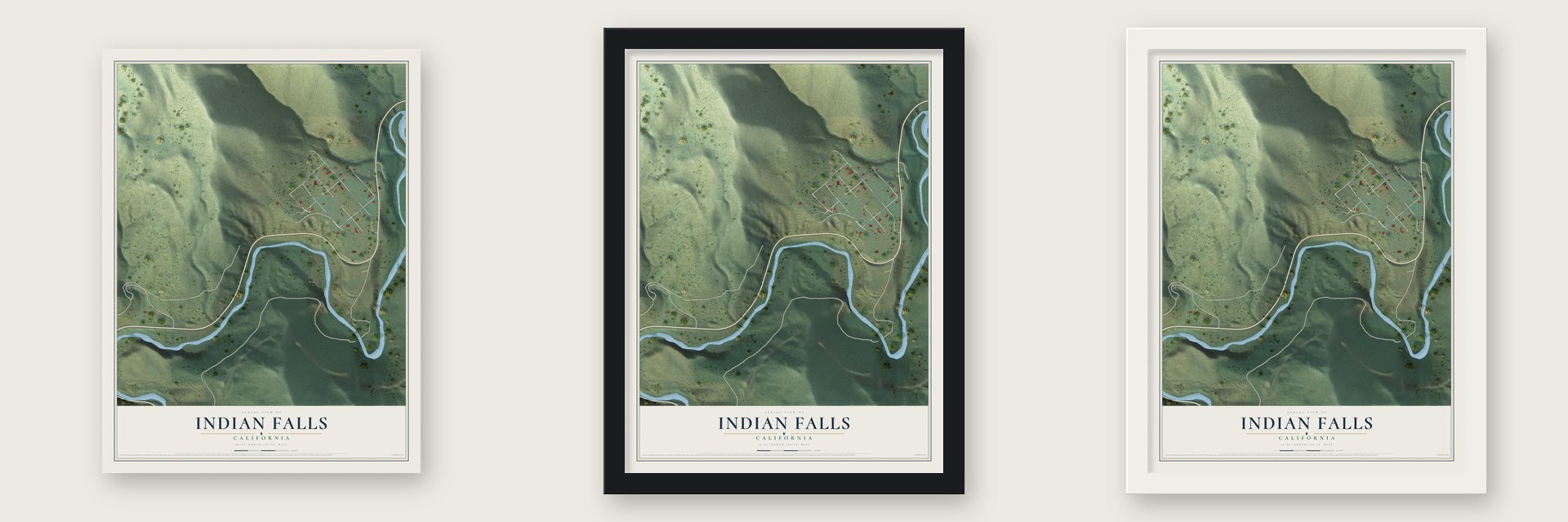 Indian Falls, California map unframed, in a black wood frame and in a white wood frame