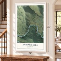Indian Falls, California map, 24 x 36 inch print in a white frame by a staircase