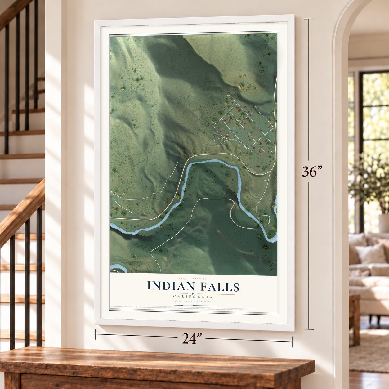 Indian Falls, California map, 24 x 36 inch print in a white frame by a staircase