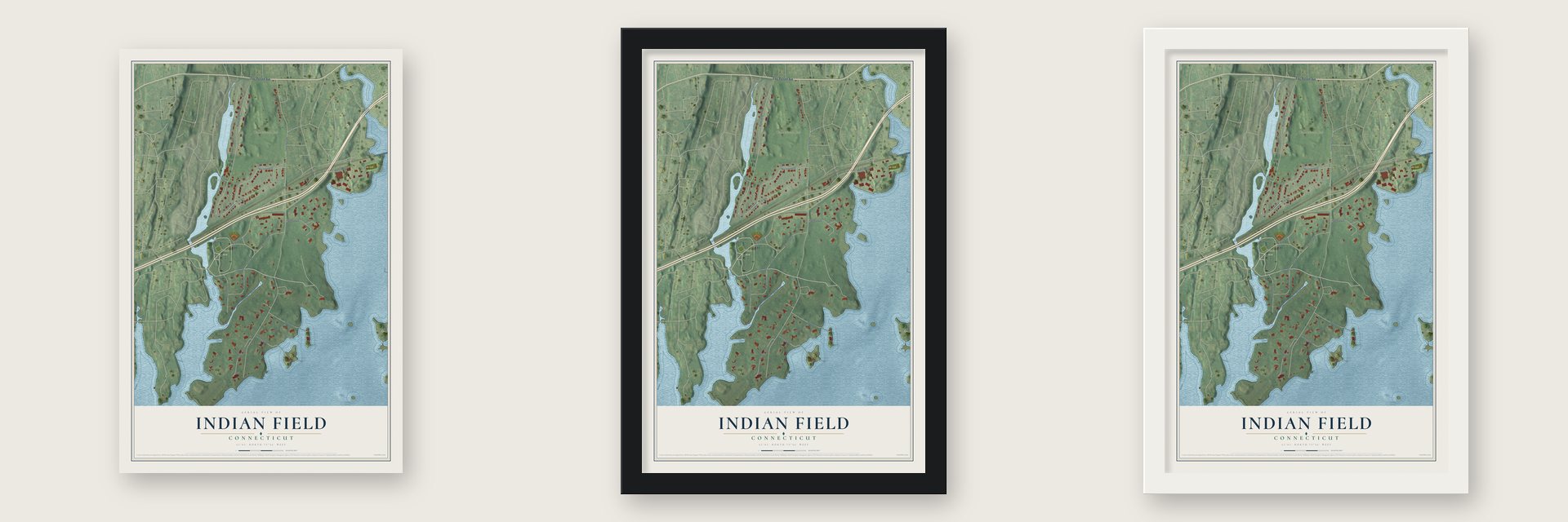 Indian Field, Connecticut map unframed, in a black wood frame and in a white wood frame