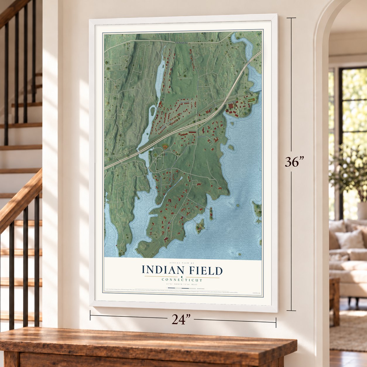 Indian Field, Connecticut map, 24 x 36 inch print in a white frame by a staircase