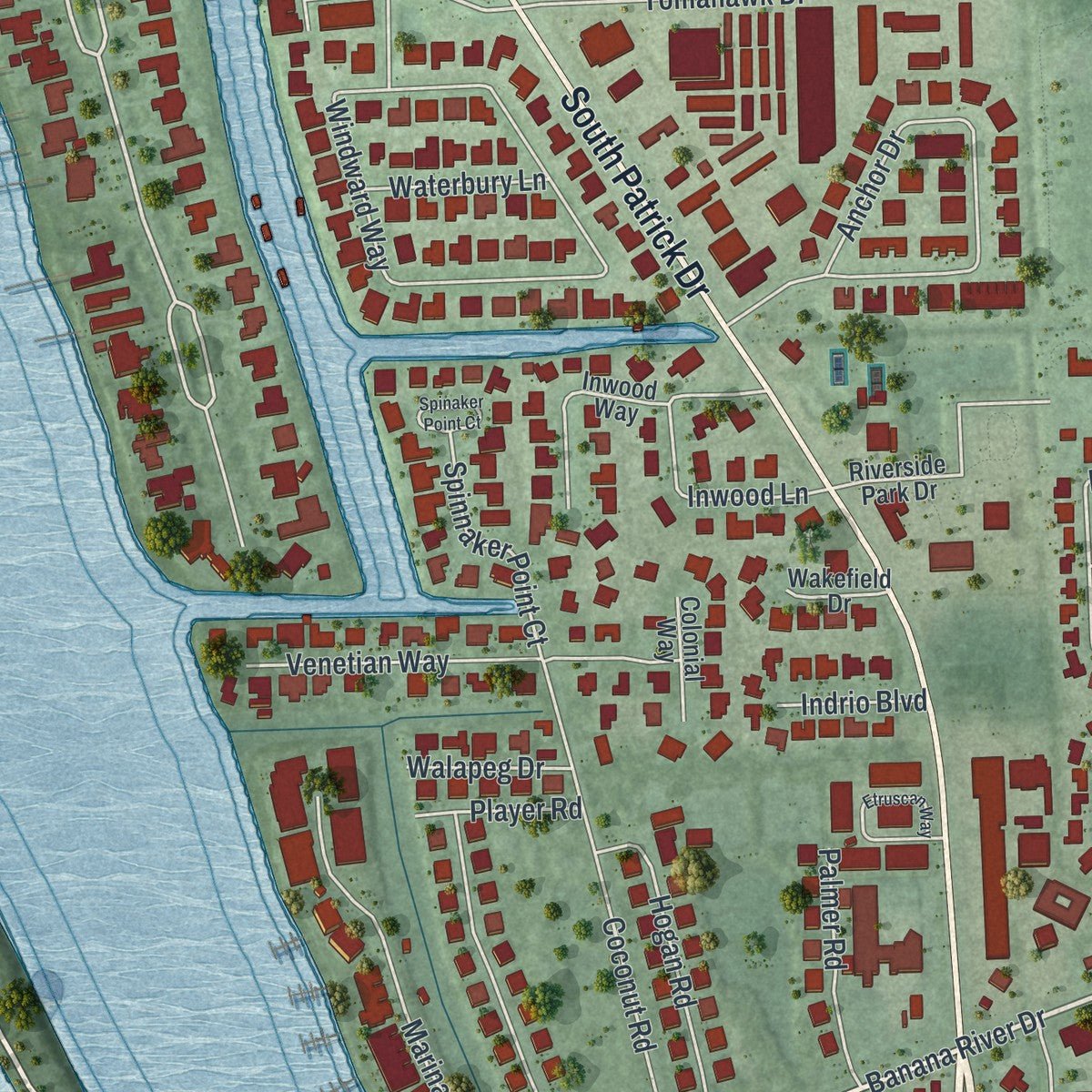 Second close-up of the map of Indian Harbour Beach, Florida print showing more streets and buildings