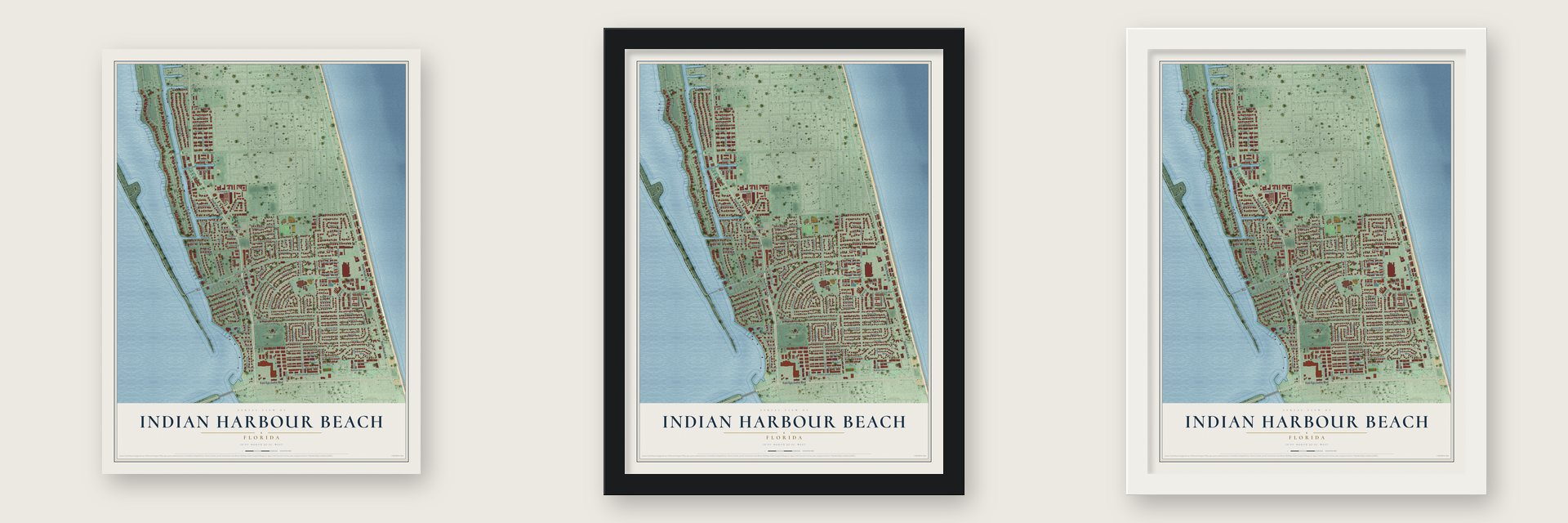 Indian Harbour Beach, Florida map unframed, in a black wood frame and in a white wood frame