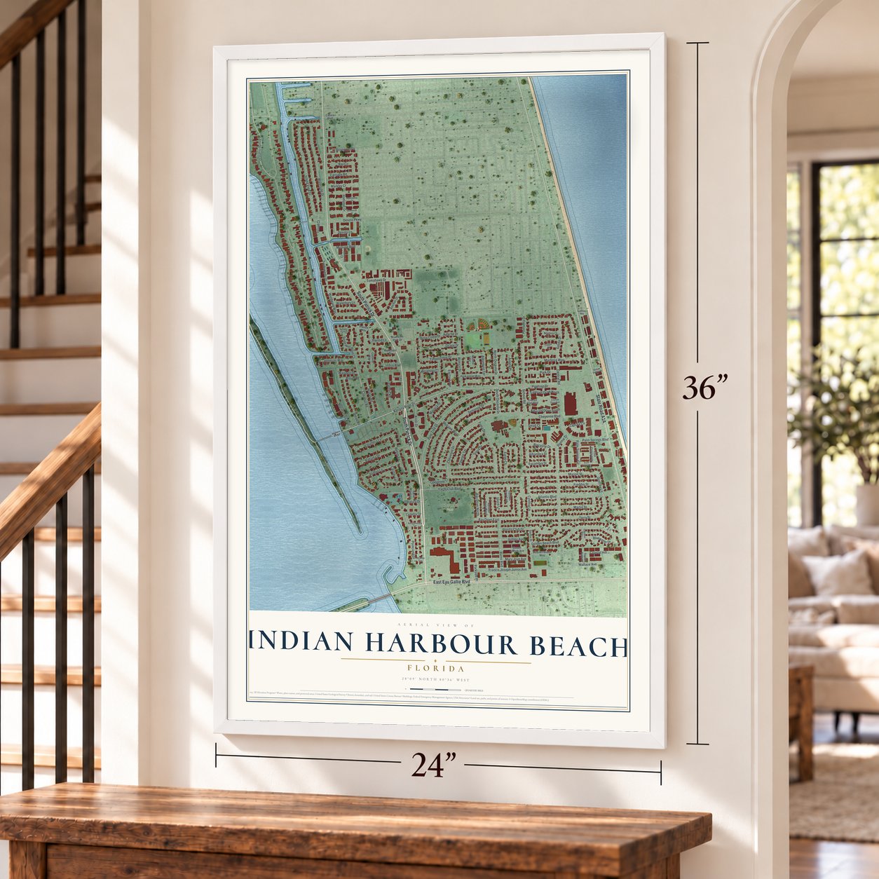 Indian Harbour Beach, Florida map, 24 x 36 inch print in a white frame by a staircase