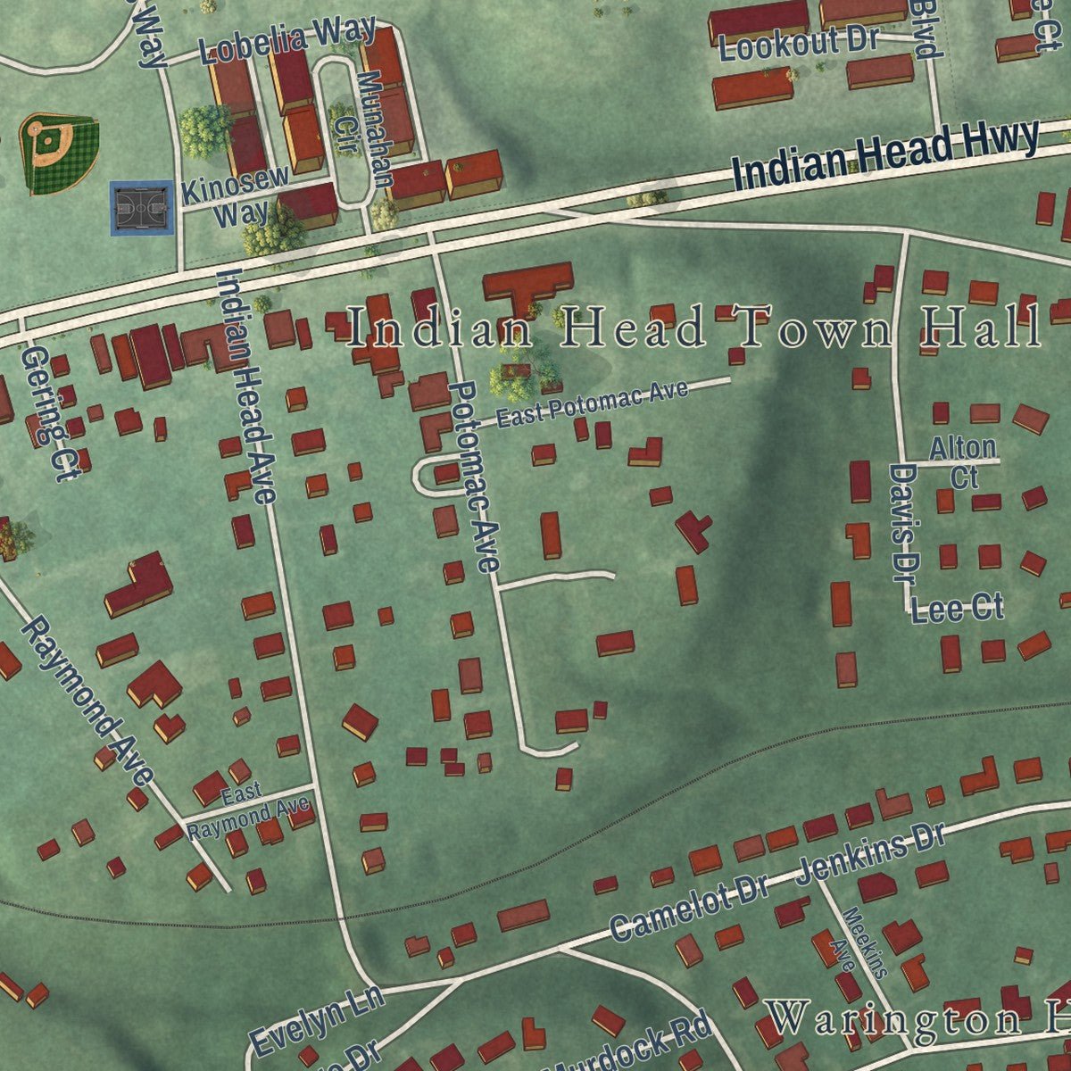 Second close-up of the map of Indian Head, Maryland print showing more streets and buildings