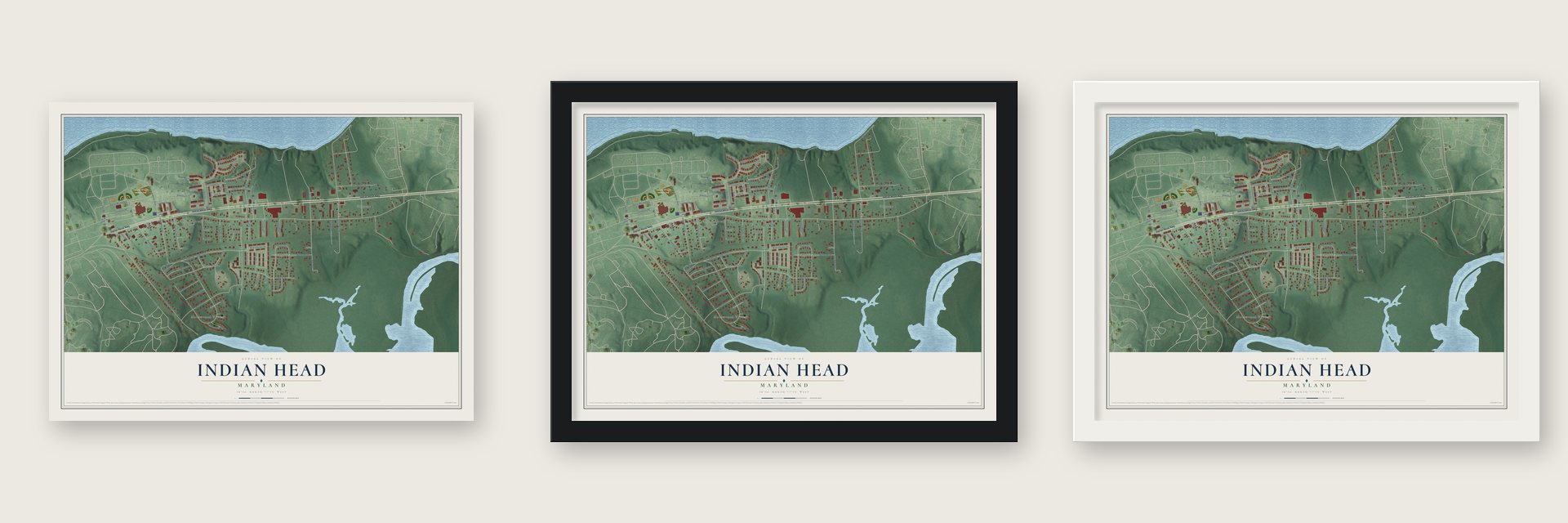 Indian Head, Maryland map unframed, in a black wood frame and in a white wood frame