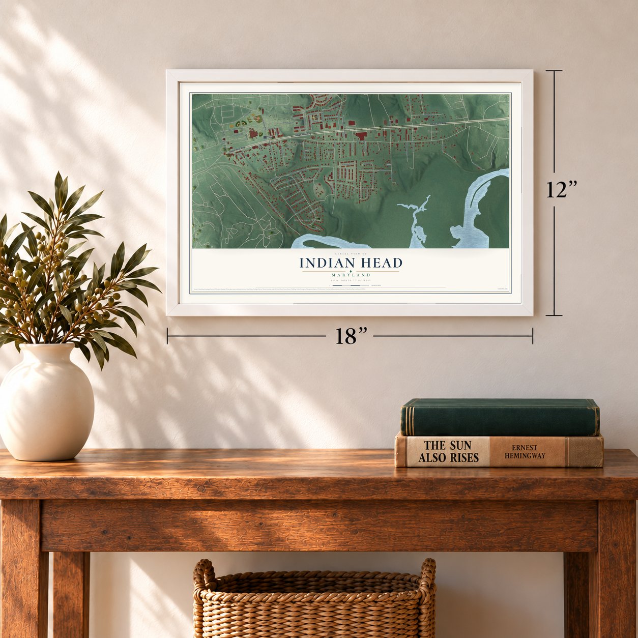 Indian Head, Maryland map, 12 x 18 inch print in a white frame in an entryway