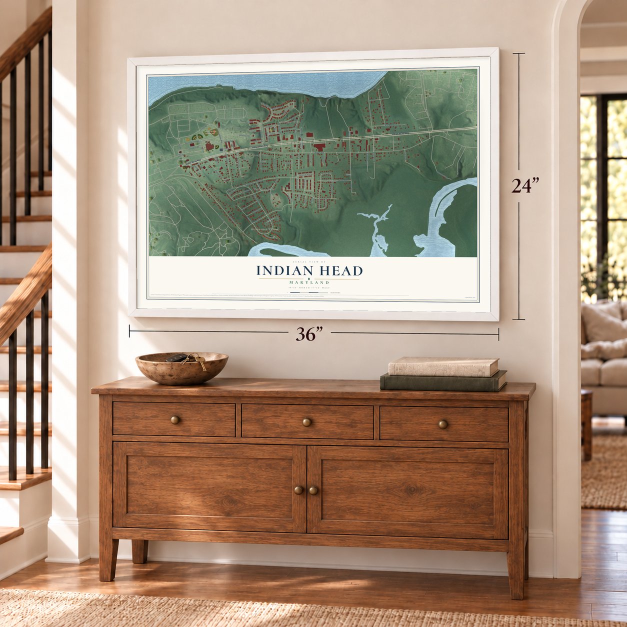 Indian Head, Maryland map, 24 x 36 inch print in a white frame above a dresser by a staircase