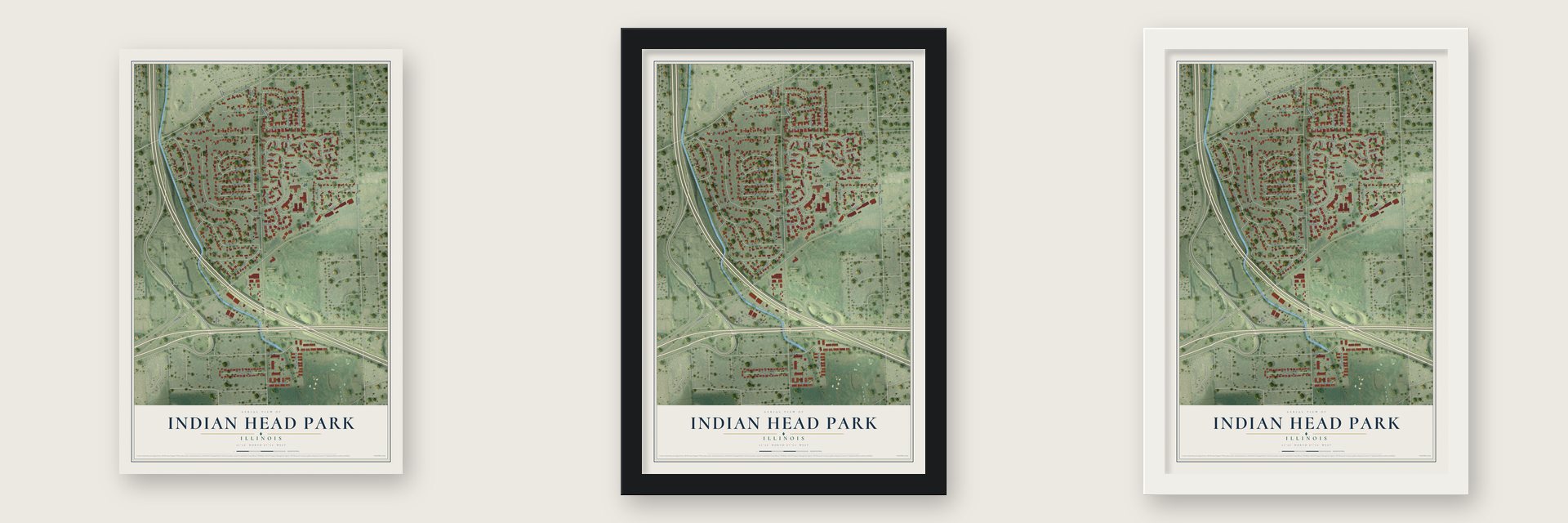 Indian Head Park, Illinois map unframed, in a black wood frame and in a white wood frame