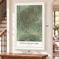 Indian Head Park, Illinois map, 24 x 36 inch print in a white frame by a staircase