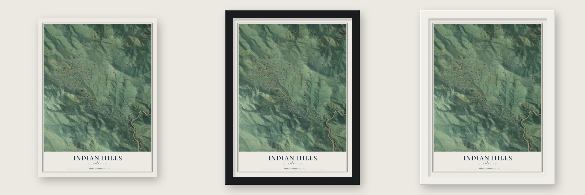Indian Hills, Colorado map unframed, in a black wood frame and in a white wood frame