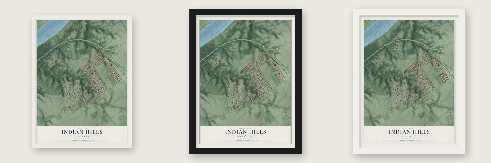 Indian Hills, Kentucky map unframed, in a black wood frame and in a white wood frame