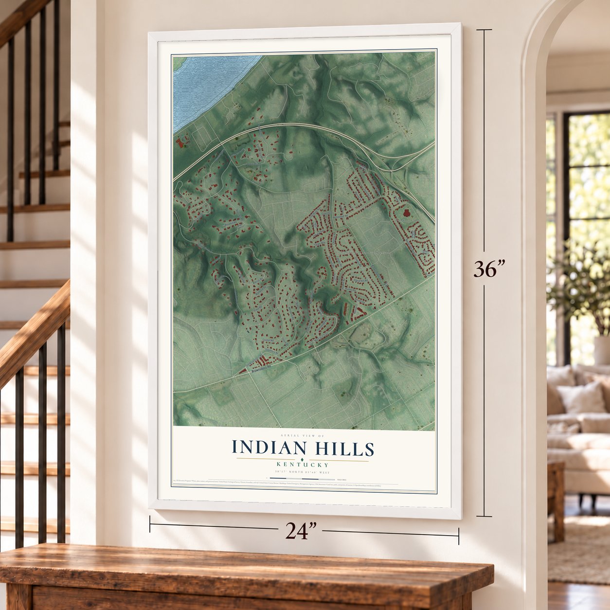 Indian Hills, Kentucky map, 24 x 36 inch print in a white frame by a staircase