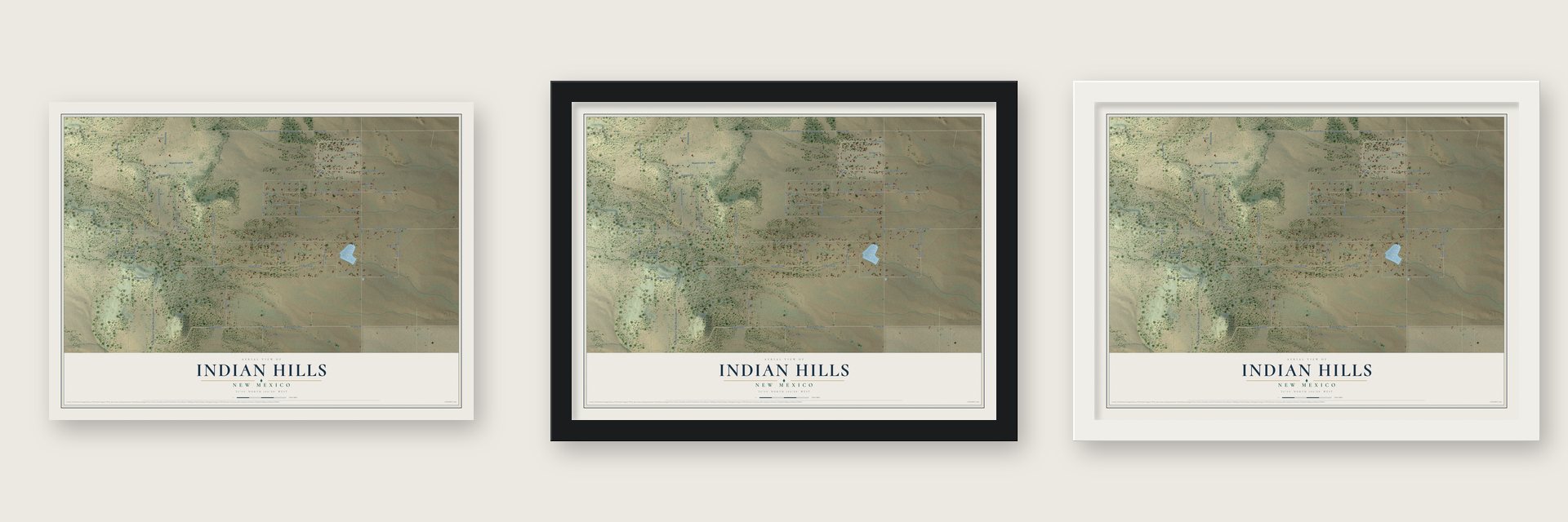 Indian Hills, New Mexico map unframed, in a black wood frame and in a white wood frame