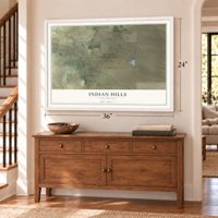 Indian Hills, New Mexico map, 24 x 36 inch print in a white frame above a dresser by a staircase