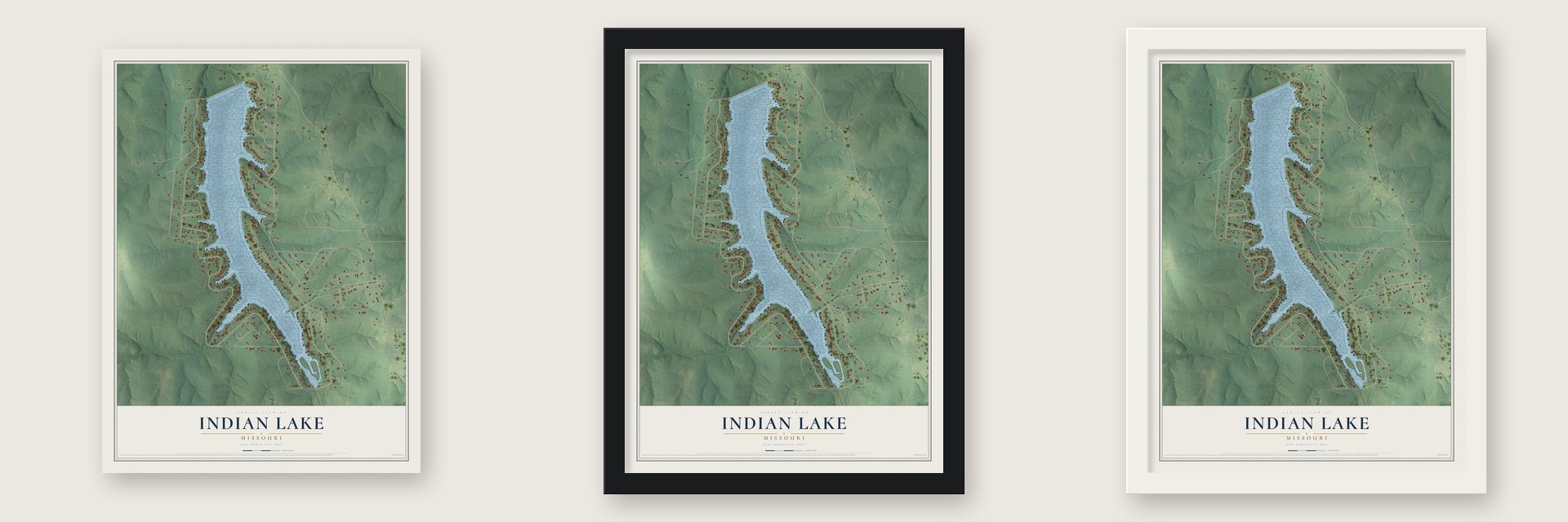 Indian Lake, Missouri map unframed, in a black wood frame and in a white wood frame
