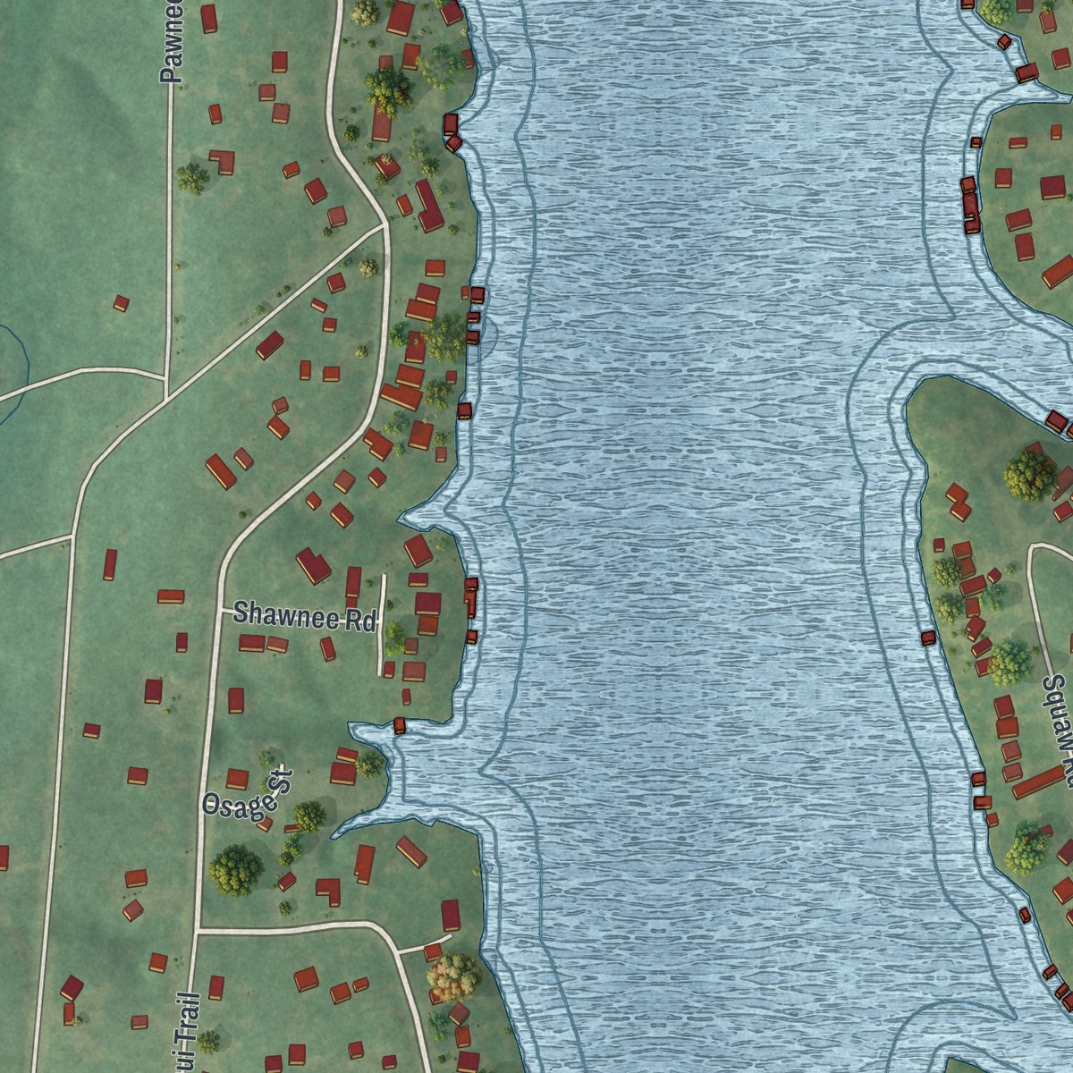 Second close-up of the map of Indian Lake, Missouri print showing more streets and buildings