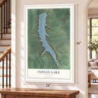 Indian Lake, Missouri map, 24 x 36 inch print in a white frame by a staircase