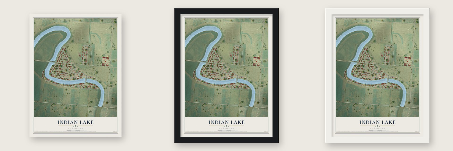 Indian Lake, Texas map unframed, in a black wood frame and in a white wood frame
