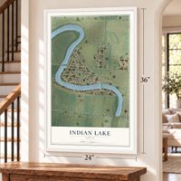 Indian Lake, Texas map, 24 x 36 inch print in a white frame by a staircase
