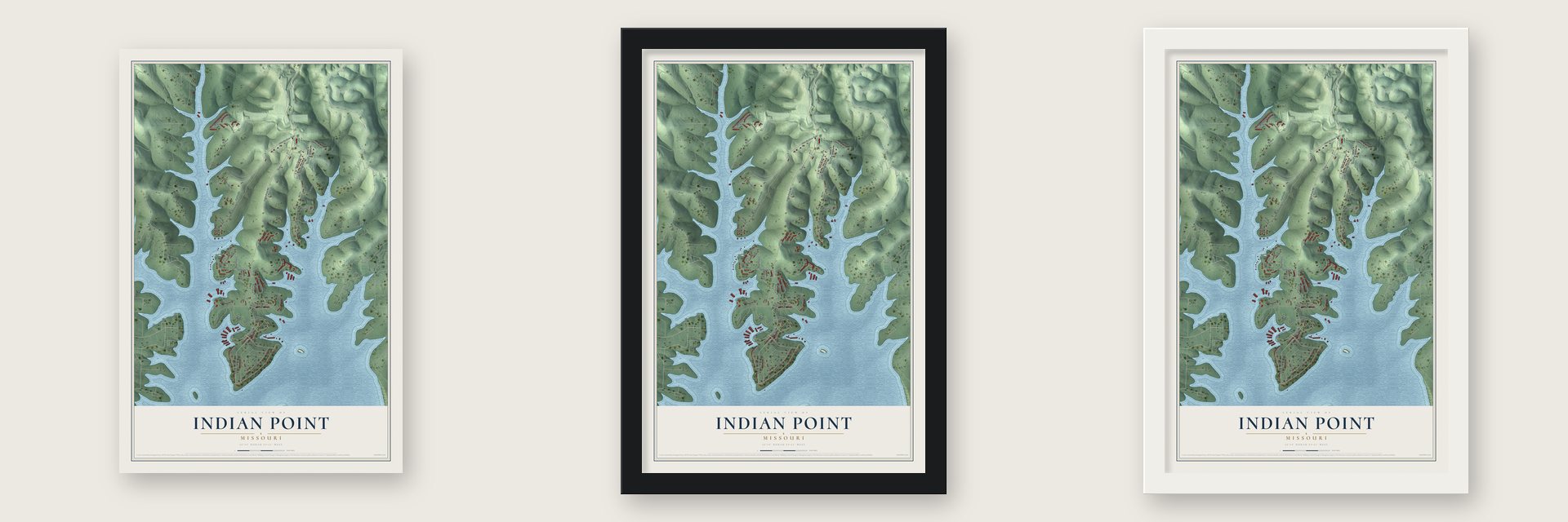 Indian Point, Missouri map unframed, in a black wood frame and in a white wood frame