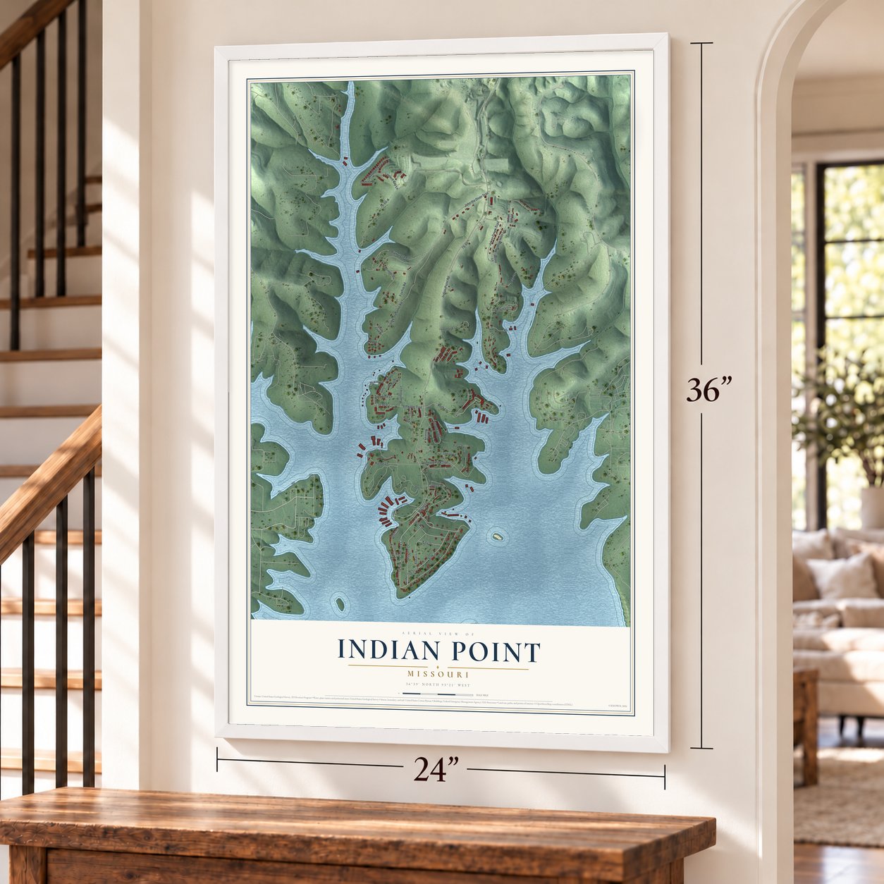 Indian Point, Missouri map, 24 x 36 inch print in a white frame by a staircase