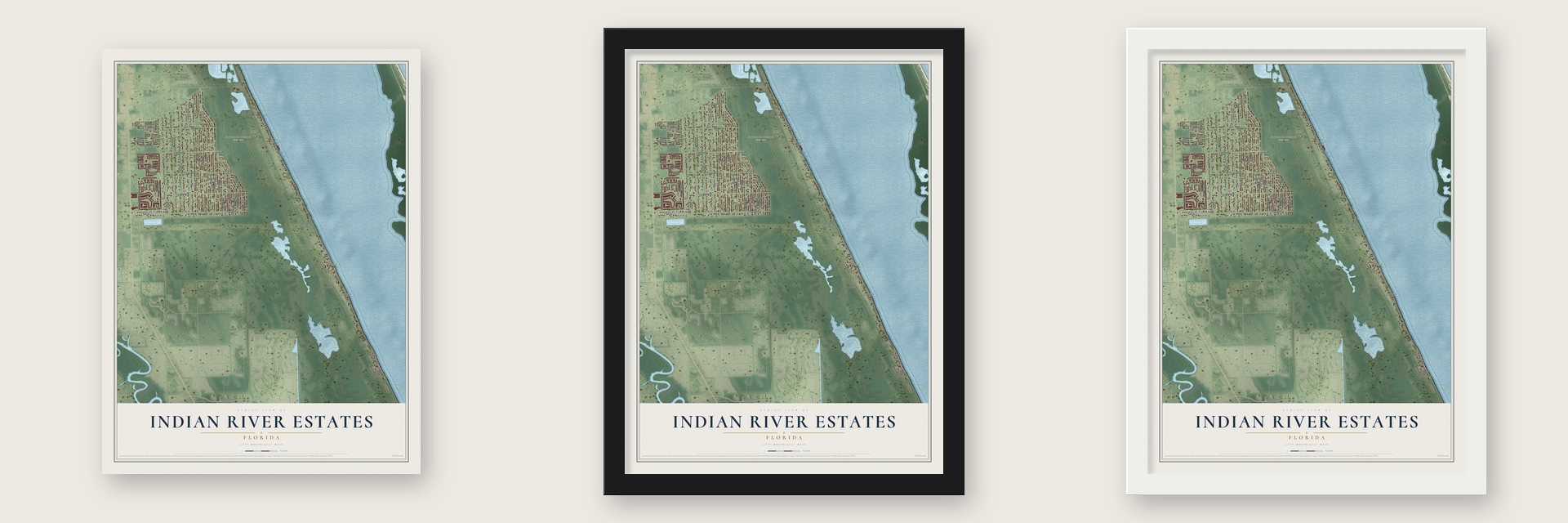 Indian River Estates, Florida map unframed, in a black wood frame and in a white wood frame