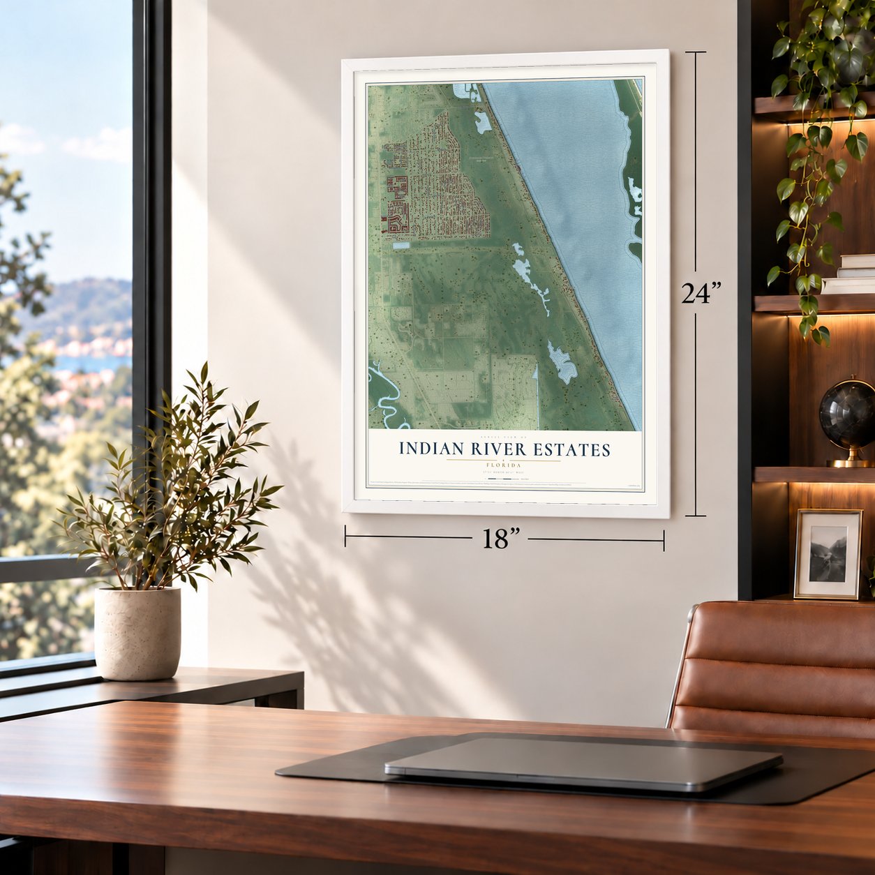 Indian River Estates, Florida map, 18 x 24 inch print in a white frame in a home office