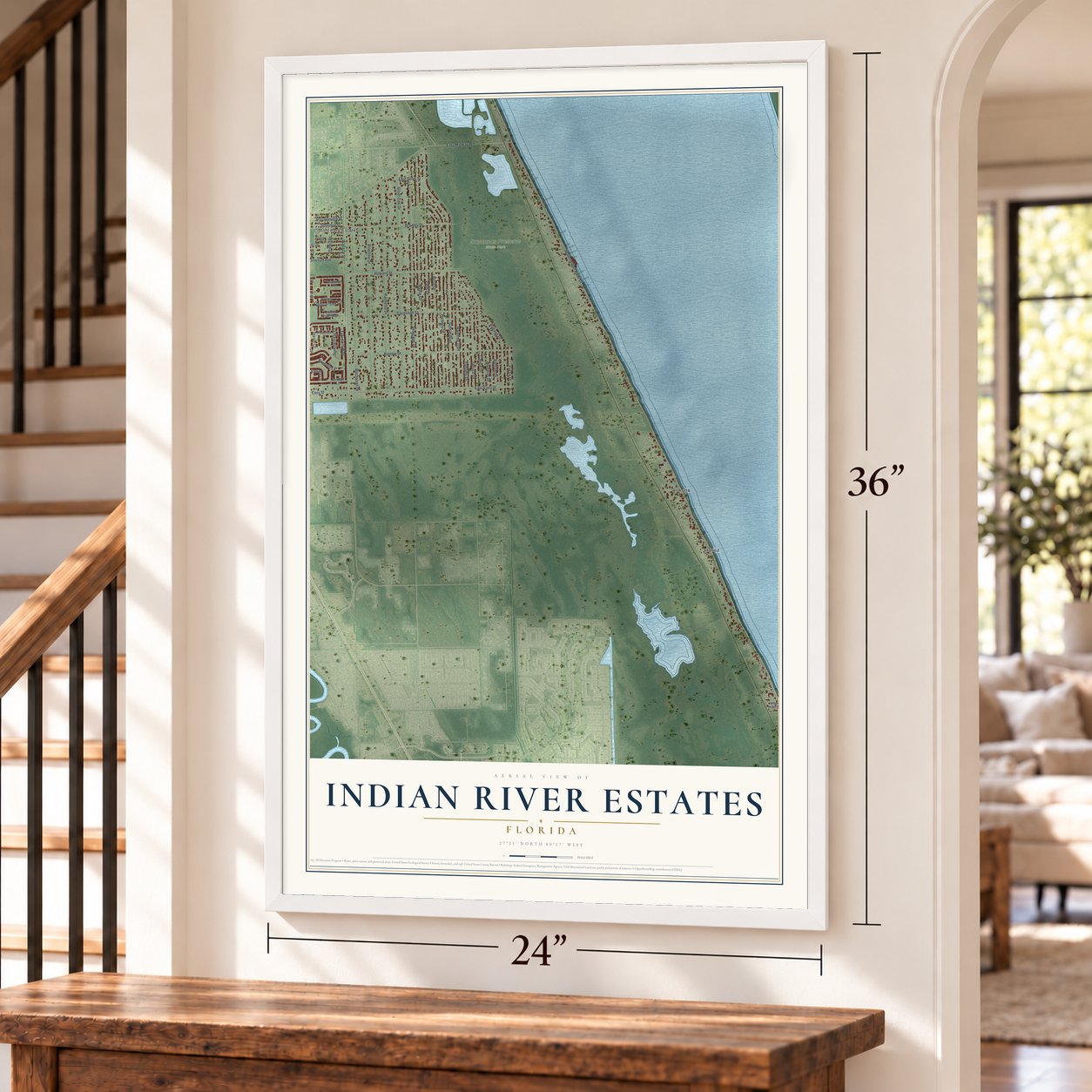 Indian River Estates, Florida map, 24 x 36 inch print in a white frame by a staircase