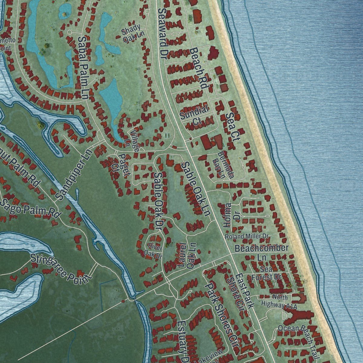 Second close-up of the map of Indian River Shores, Florida print showing more streets and buildings
