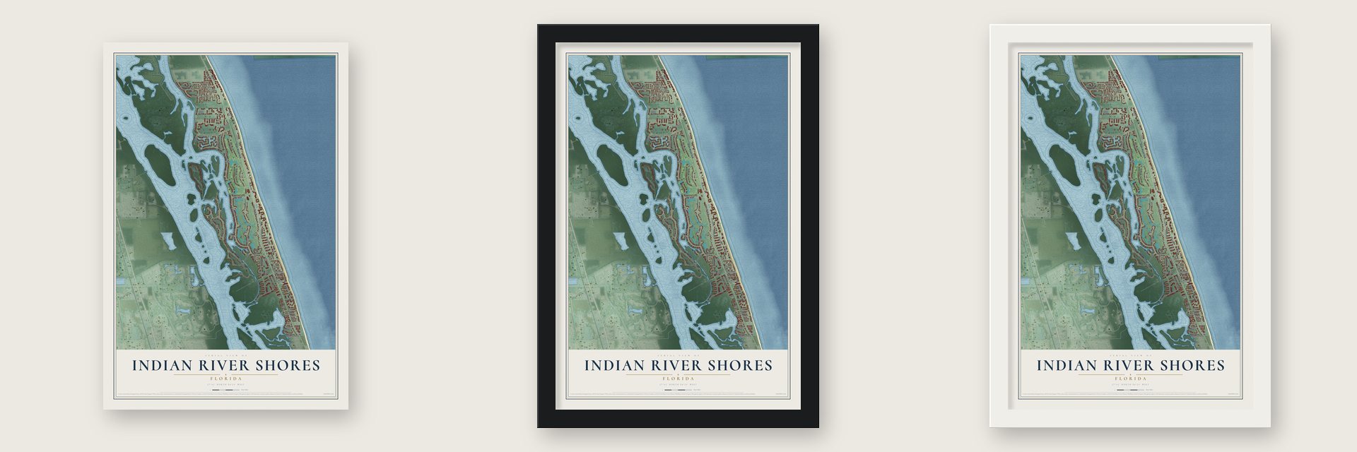 Indian River Shores, Florida map unframed, in a black wood frame and in a white wood frame