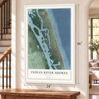 Indian River Shores, Florida map, 24 x 36 inch print in a white frame by a staircase