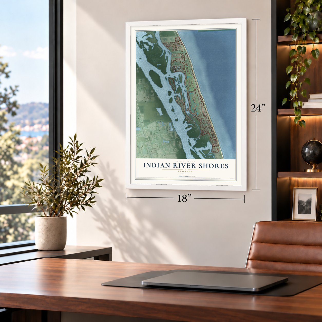 Indian River Shores, Florida map, 18 x 24 inch print in a white frame in a home office