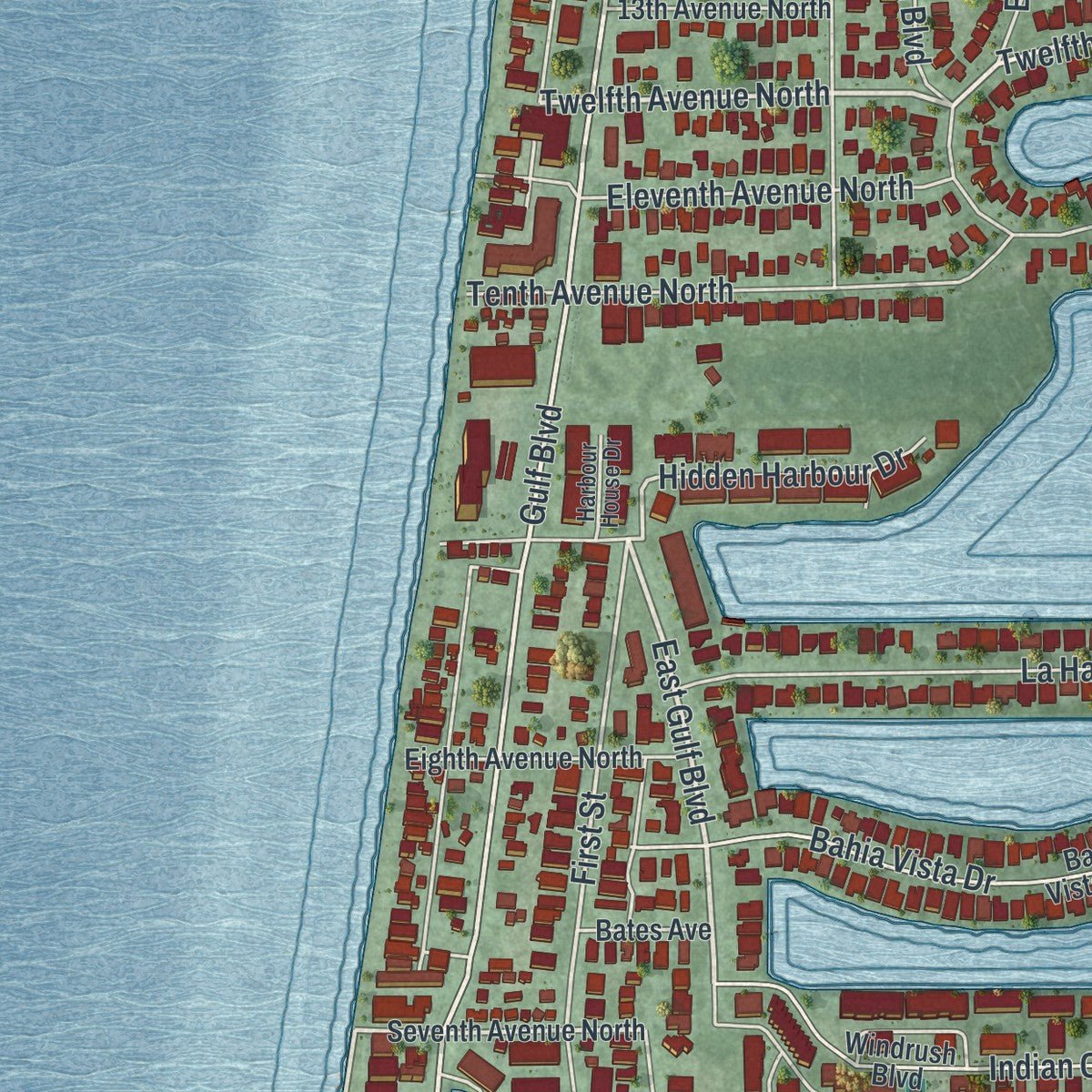 Second close-up of the map of Indian Rocks Beach, Florida print showing more streets and buildings