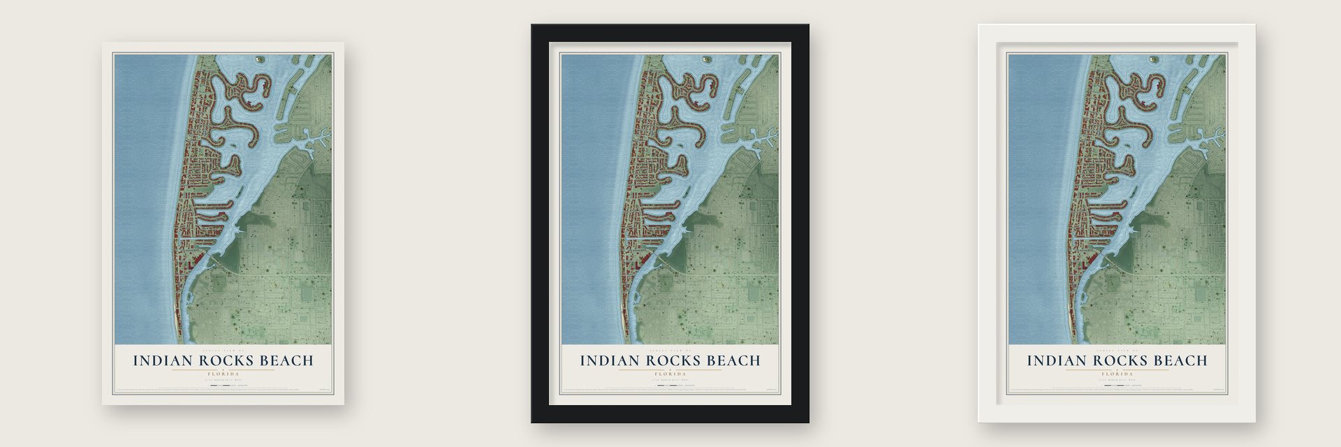 Indian Rocks Beach, Florida map unframed, in a black wood frame and in a white wood frame