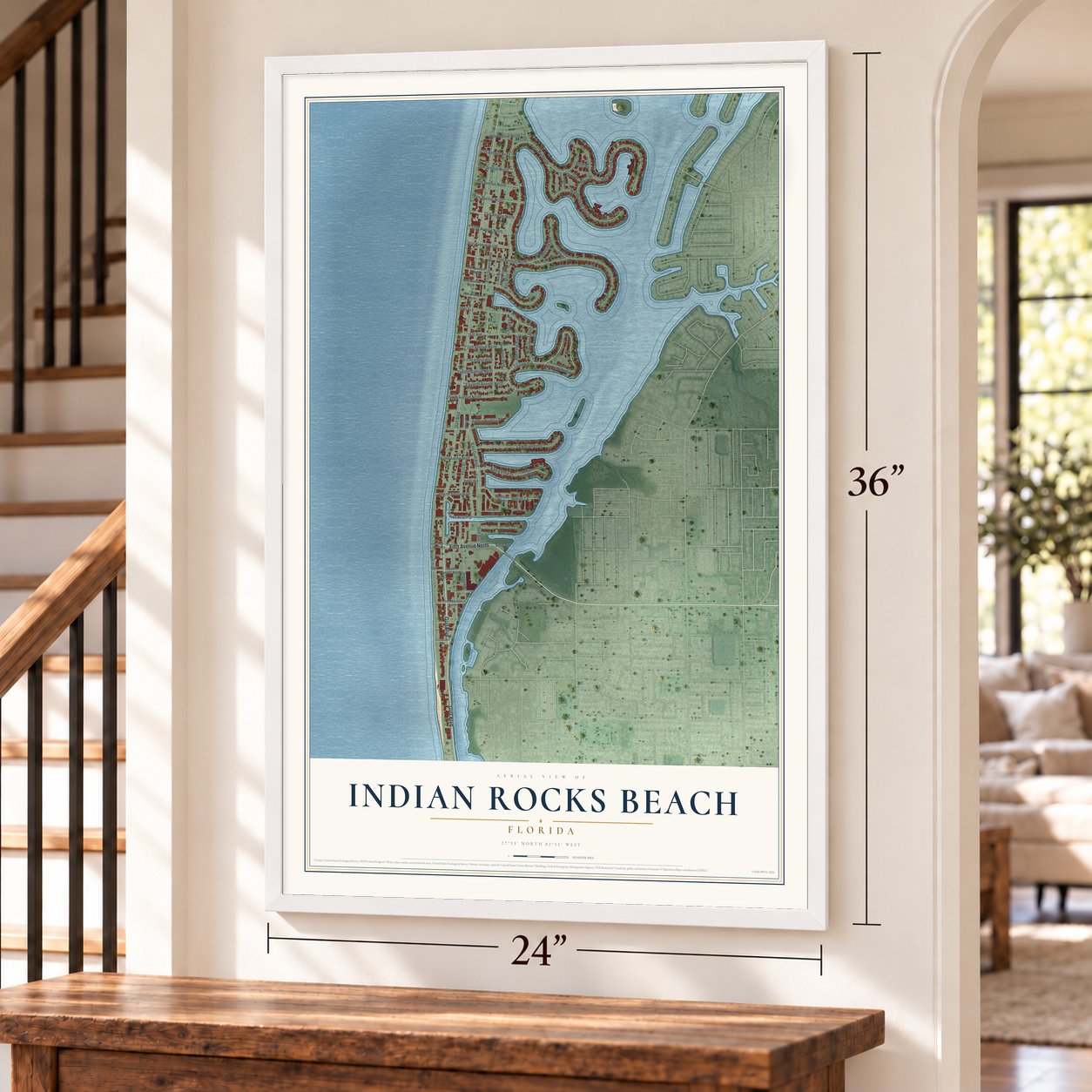 Indian Rocks Beach, Florida map, 24 x 36 inch print in a white frame by a staircase
