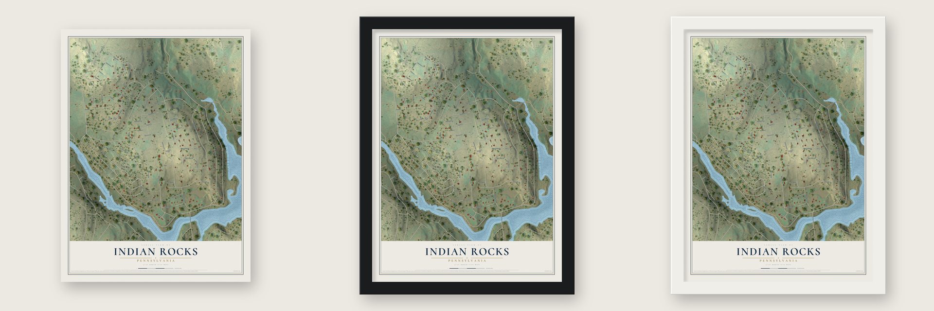 Indian Rocks, Pennsylvania map unframed, in a black wood frame and in a white wood frame