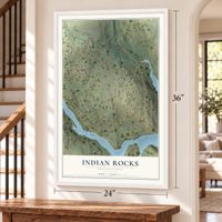 Indian Rocks, Pennsylvania map, 24 x 36 inch print in a white frame by a staircase