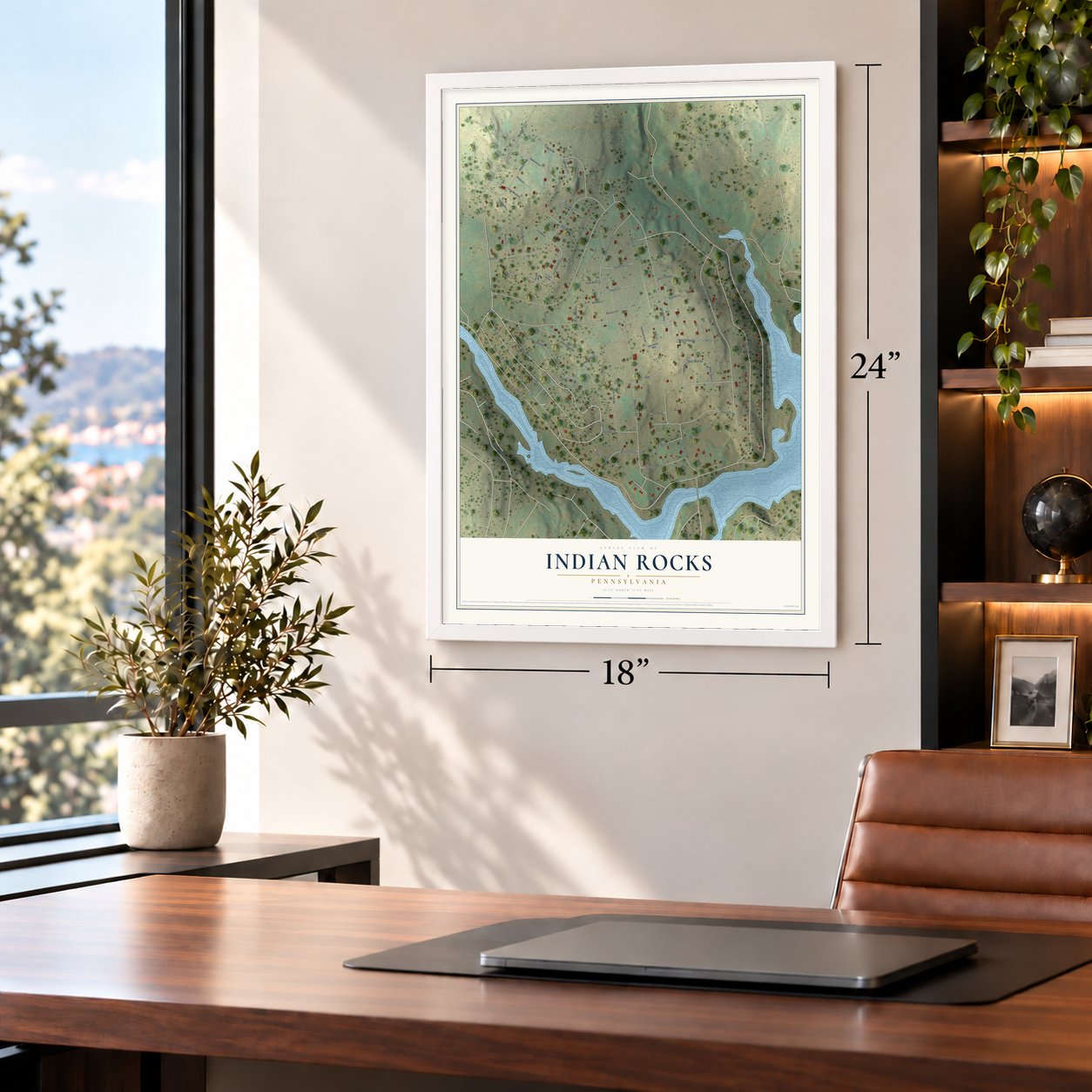 Indian Rocks, Pennsylvania map, 18 x 24 inch print in a white frame in a home office