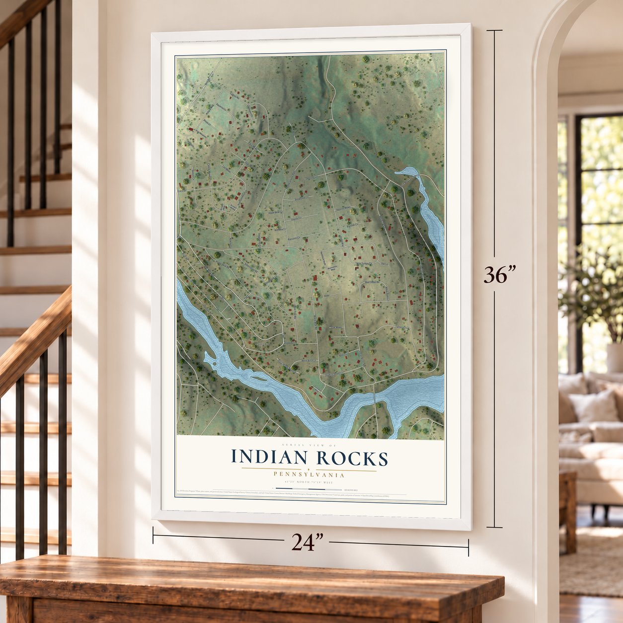 Indian Rocks, Pennsylvania map, 24 x 36 inch print in a white frame by a staircase