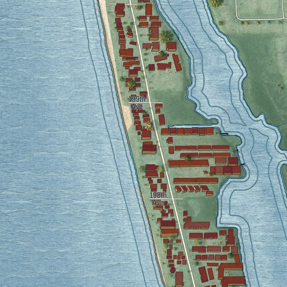 Second close-up of the map of Indian Shores, Florida print showing more streets and buildings