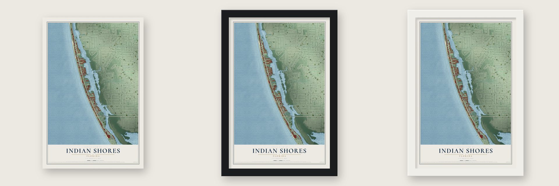Indian Shores, Florida map unframed, in a black wood frame and in a white wood frame