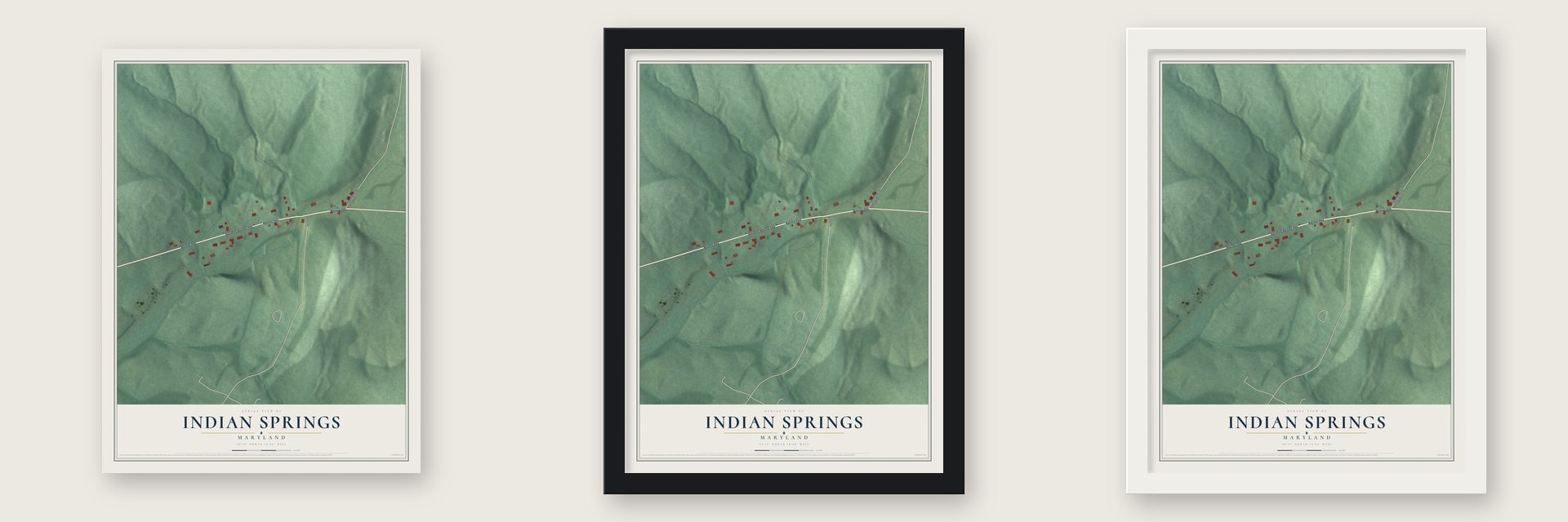 Indian Springs, Maryland map unframed, in a black wood frame and in a white wood frame