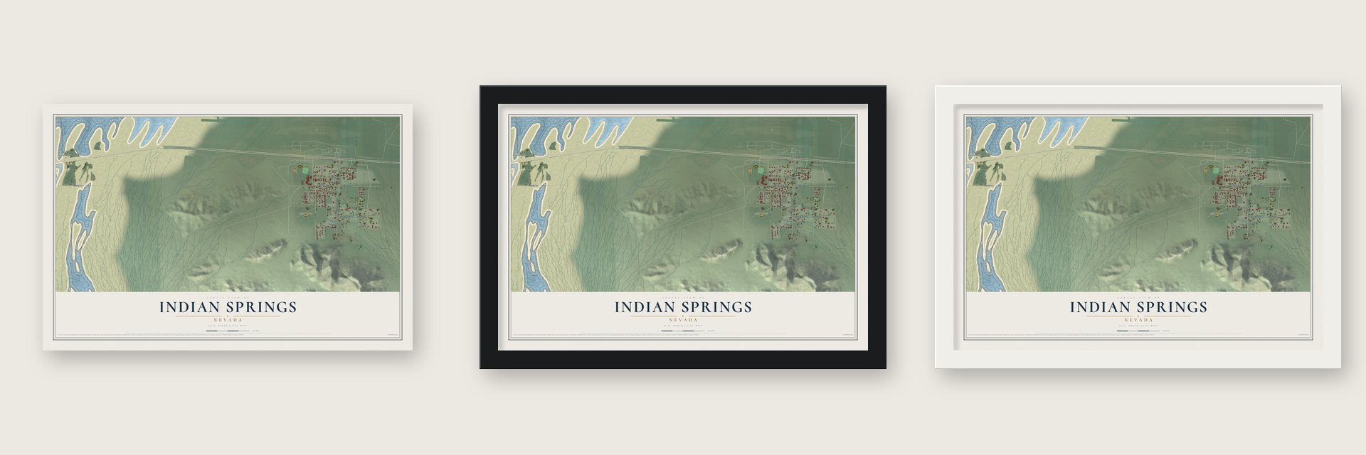 Indian Springs, Nevada map unframed, in a black wood frame and in a white wood frame