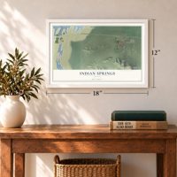 Indian Springs, Nevada map, 12 x 18 inch print in a white frame in an entryway